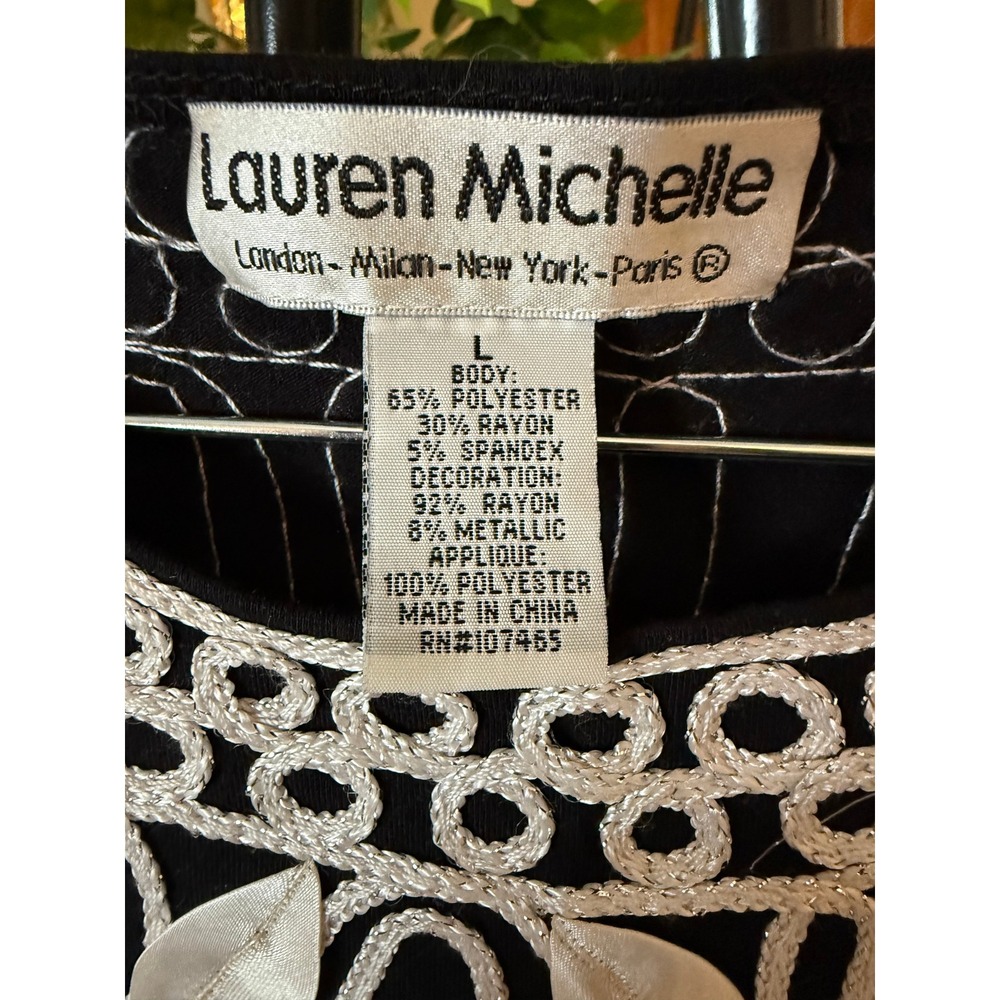 Lauren Michelle Women's Embellished Sleeveless Black Knit Top White Soutache L - Picture 2 of 3